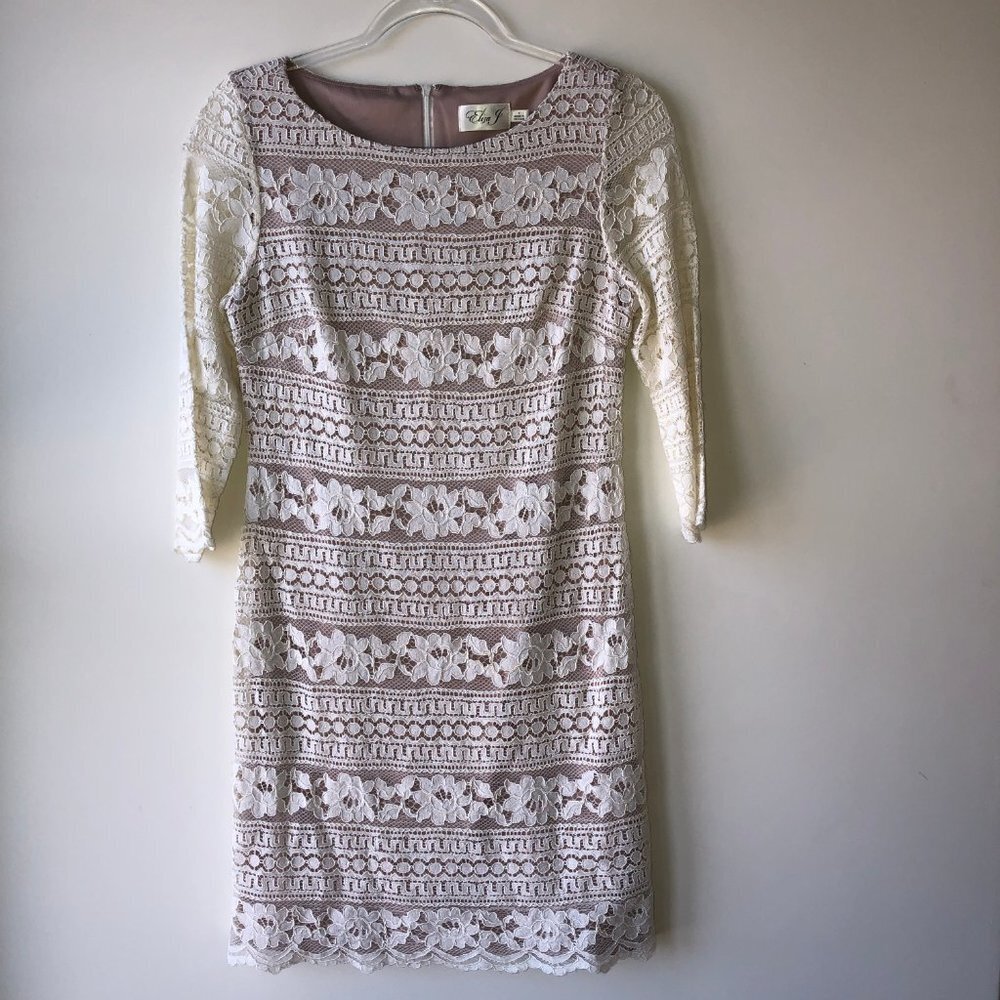 Eliza J Cream Lace Overlay 3/4 Sleeve Midi Shift Dress Size 6